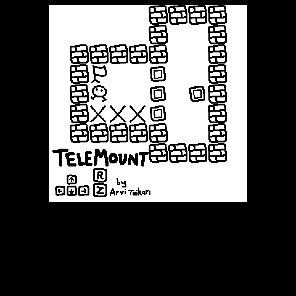 Telemount title room showing the character, flag, arrow controls, R restart, and Z undo